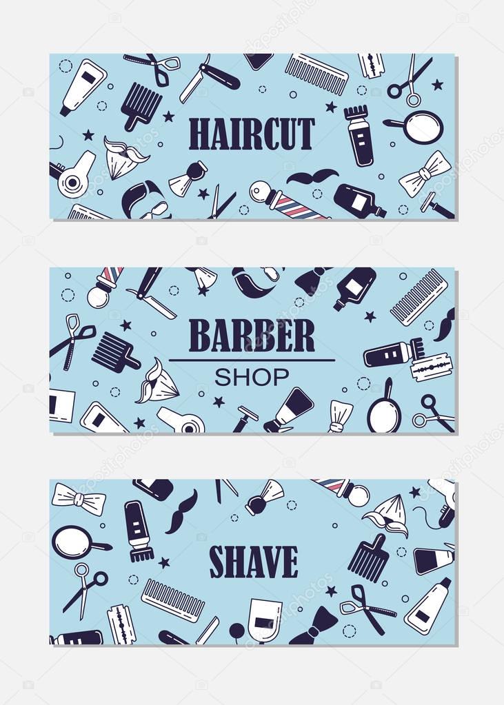 Barber shop advertising banner templates. Vector elements for your web design, in flat linear illustration style