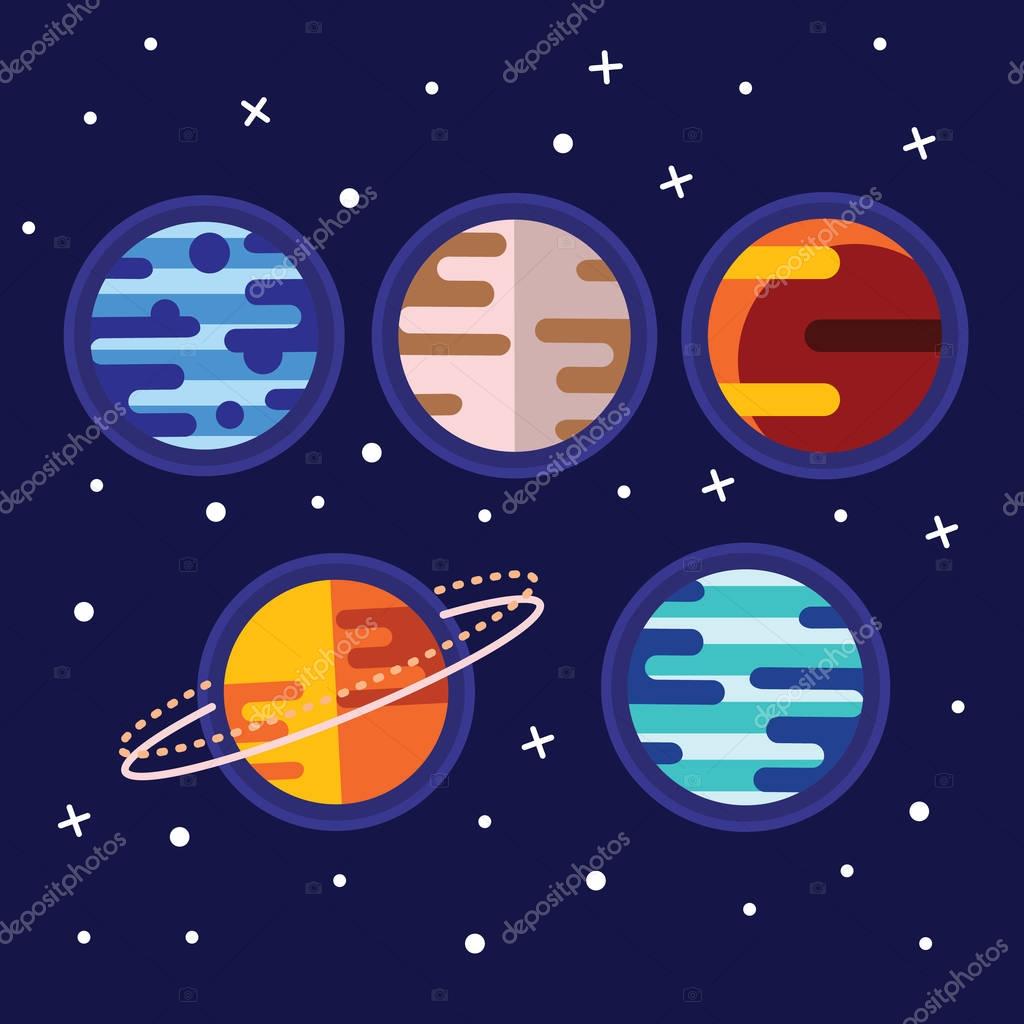 Space emblem in vintage style with planets icons. Colored vector illustration.