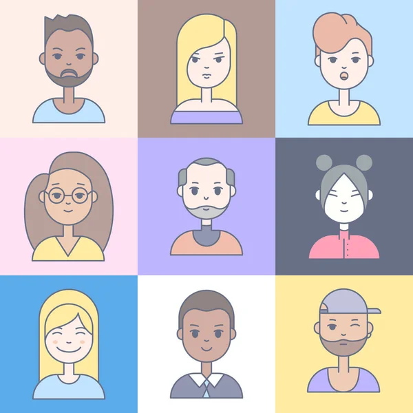 Lineaire platte mensen gezichten vectorillustratie. — Stockvector
