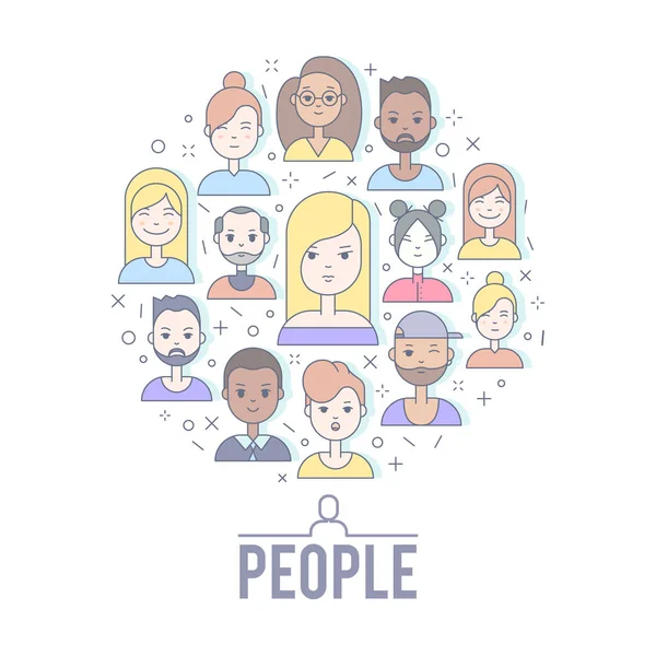 Linear Flat people faces vector illustration. — Stock Vector
