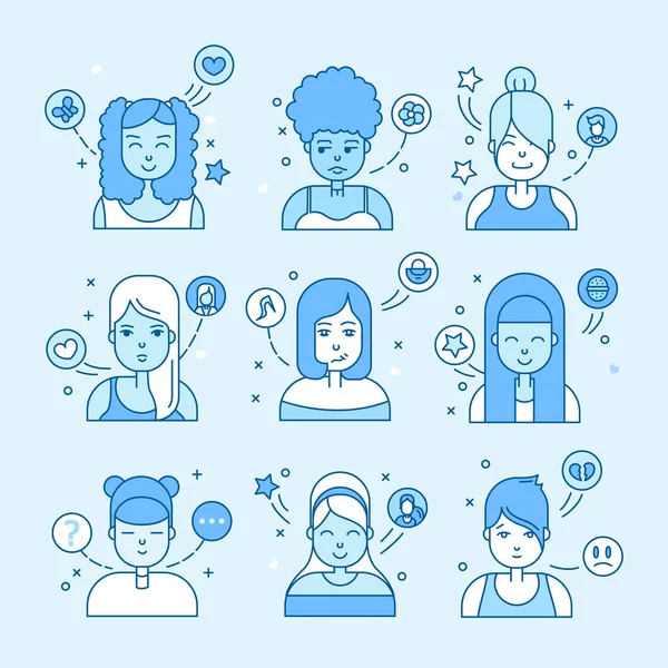 Gente plana lineal enfrenta ilustración vectorial . — Vector de stock