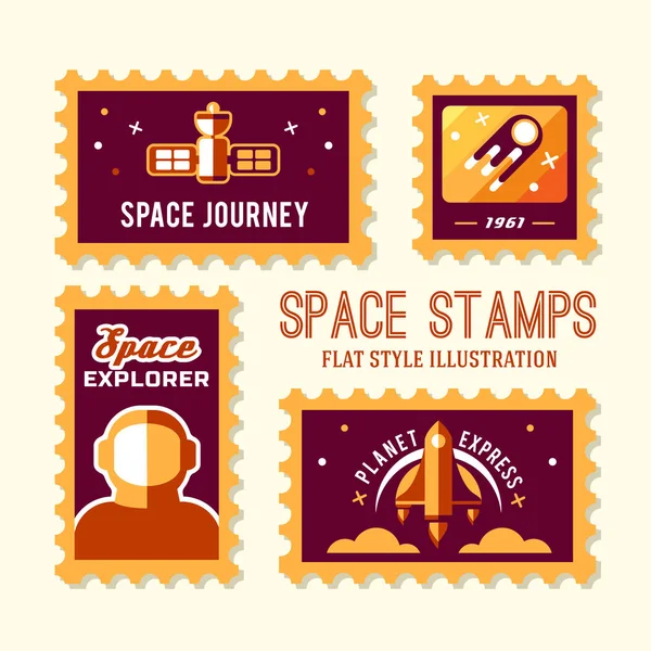 Selos postais com foguete espacial — Vetor de Stock