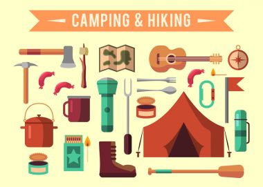 Ekipman vektör simgeler kümesi hiking ile kamp düz ayarlamak