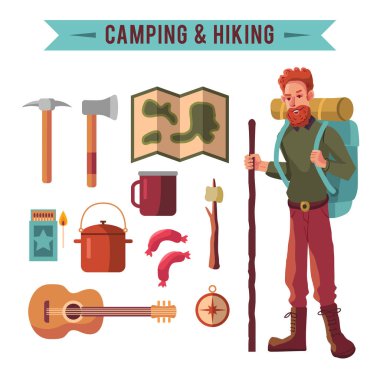 Ekipman vektör simgeler kümesi hiking ile kamp düz ayarlamak