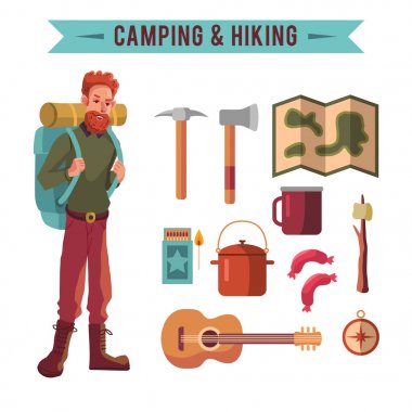 Ekipman vektör simgeler kümesi hiking ile kamp düz ayarlamak