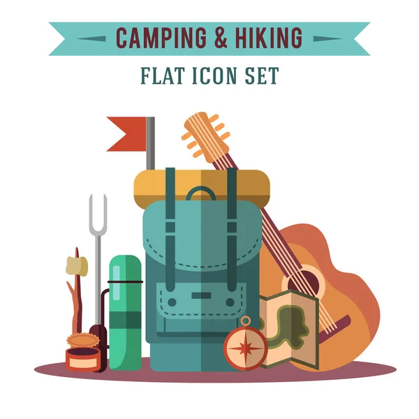 Camping flat set with hiking equipment vector illustration — Stock Vector