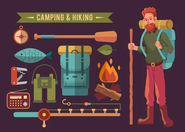 Camping conjunto plano con equipo de senderismo vector iconos conjunto — Archivo Imágenes Vectoriales