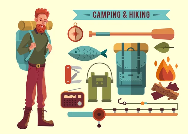 Camping flat set with hiking equipment vector icons set — Stock Vector