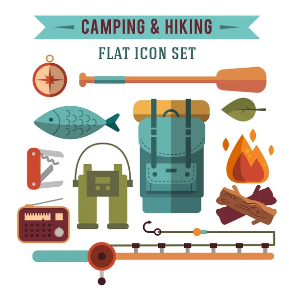 Camping platt set med vandring utrustning vektor ikoner set — Stock vektor