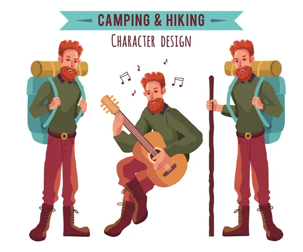 Camping banner with cartoon characters — Stock Vector