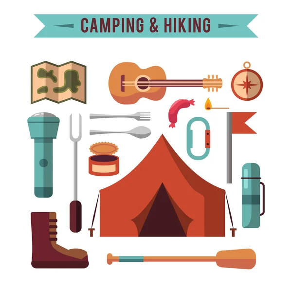 Camping platte set met hiking uitrusting vector icons set — Stockvector