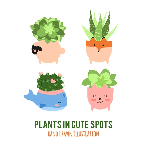 Plants in cute animal pots set — Stock Vector