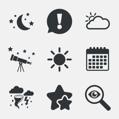 Bulut ve güneş simgesi. Fırtına sembolü. Ay ve yıldız.