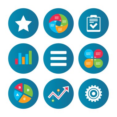 Yıldız ve menü listesi işaretleri. Denetim listesi, dişli.