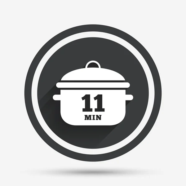Kook 11 minuten. Koken pan teken. Stoofpot voedsel. — Stockvector