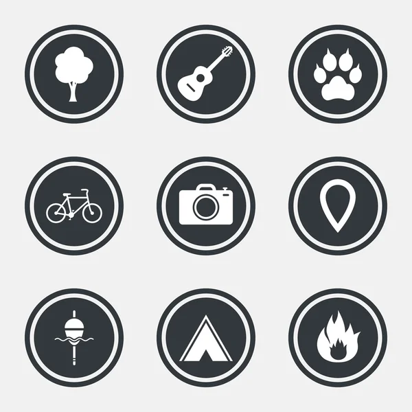 Tourism, camping icons. Fishing, fire and bike. — Stock Vector