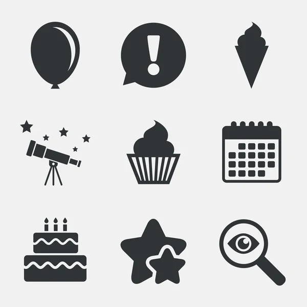 Γενέθλια κόμμα εικονίδια. κέικ με παγωτό σύμβολο. — Διανυσματικό Αρχείο