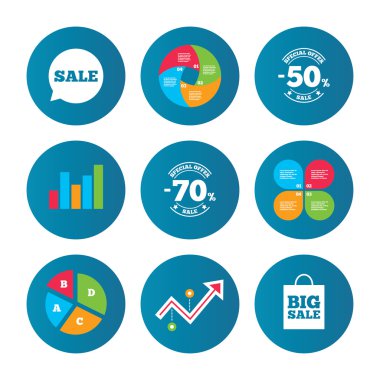 Satılık konuşma balonu simgesinin. Büyük satış alışveriş çantası.