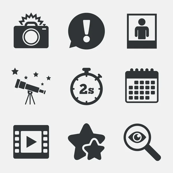 Foto camera-pictogram. flitslicht en video frame. — Stockvector