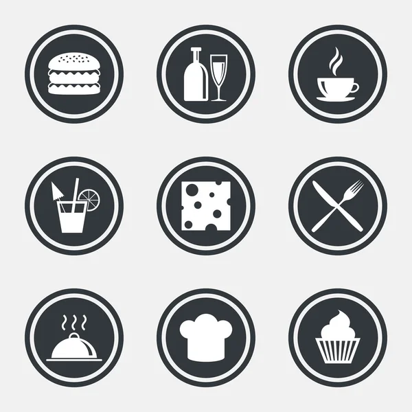 Comida, ícones de bebida. Sinais de café e hambúrguer . —  Vetores de Stock