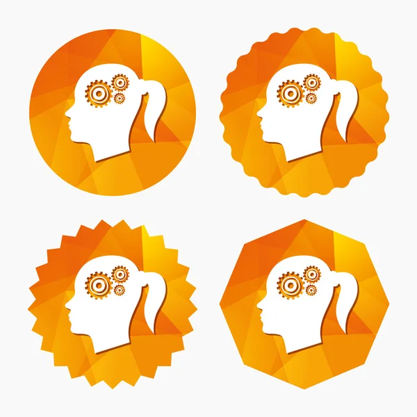 Head with gears sign icon. Female woman head. — Stock Vector