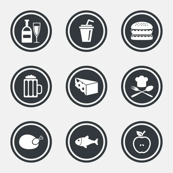Cibo, bevande, icone. Segni di birra, pesce e hamburger . — Vettoriale Stock