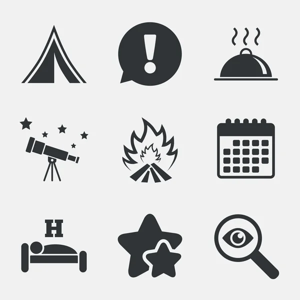 Nourriture chaude, sommeil, tente de camping et signes de feu . — Image vectorielle