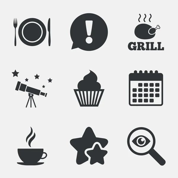 Iconos de comida. Muffin cupcake símbolo. Tenedor, cuchillo . — Vector de stock