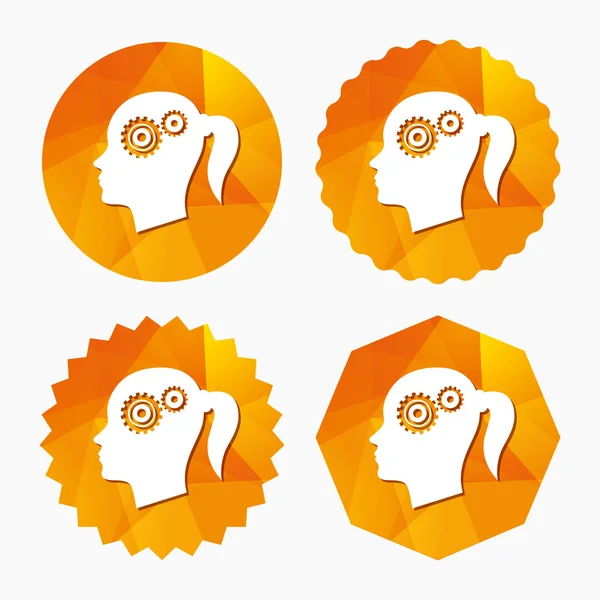 Head with gears sign icon. Female woman head. — Stock Vector