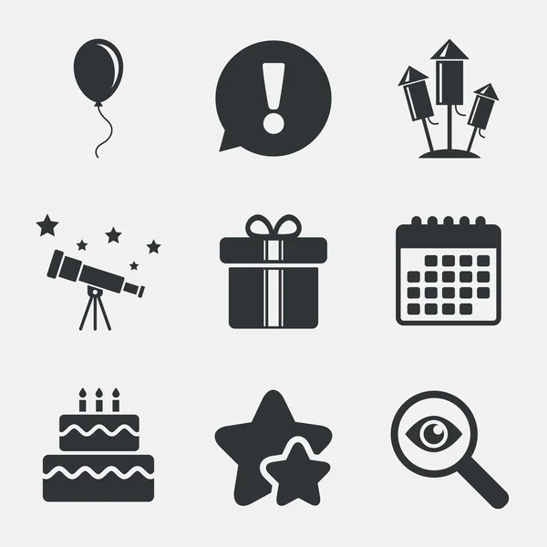 Birthday party icons. Cake and gift box symbol. — Stock Vector