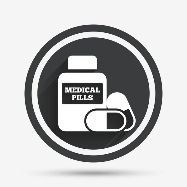 Medyczne pigułki butelka ikona znak. symbolem leków. — Wektor stockowy