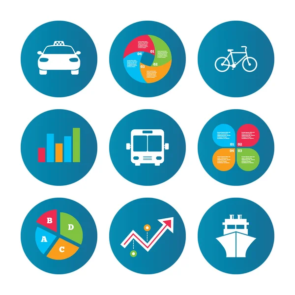 Iconos de transporte. Taxi, Bicicleta, Autobús y Barco . — Vector de stock