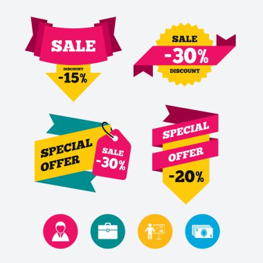 işadamı işaretler. insan ve nakit para simgeleri.