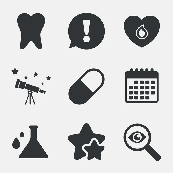 Medische pictogrammen. Pil, tand, chemie en hart. — Stockvector