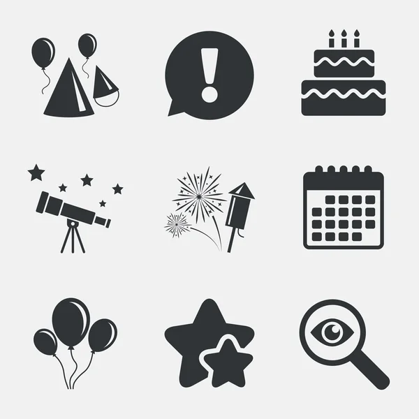 Πάρτι γενεθλίων. Κέικ, μπαλόνι, καπέλο και πυροτεχνήματα. — Διανυσματικό Αρχείο