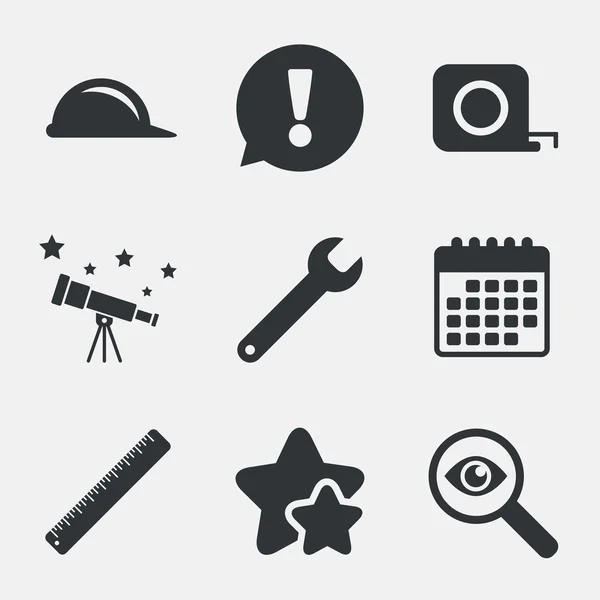 Construction helmet and ruler, roulette icons. — Stock Vector
