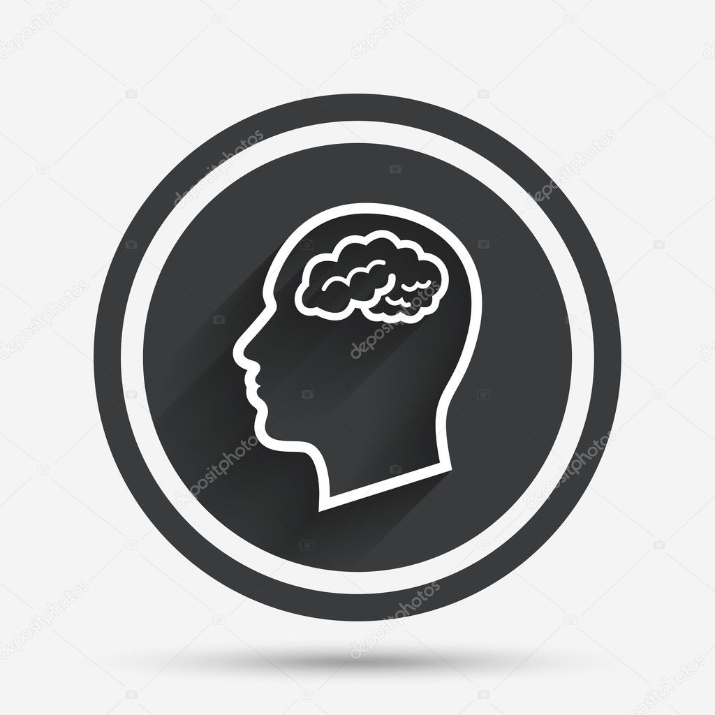 Head with brain sign icon. Male human head.