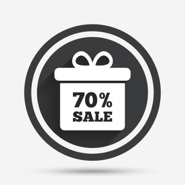 yüzde 70'i Satılık hediye kutusu etiketi işareti simgesi.