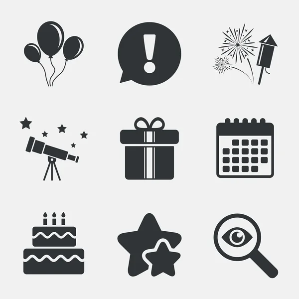 Iconos de fiesta de cumpleaños. Símbolo de pastel y caja de regalo . — Archivo Imágenes Vectoriales