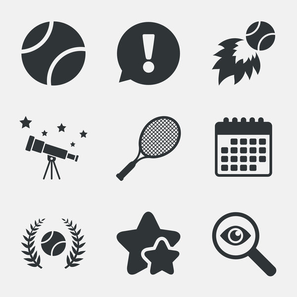 Tennis ball and racket icons. Laurel wreath.