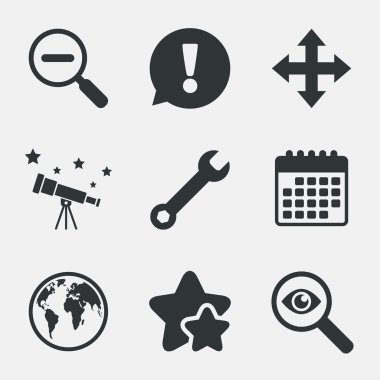 Büyüteç cam ve küre işaretler. tam ekran.