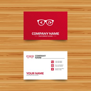 Business card template. Coder sign icon. Programmer symbol. Glasses icon. Phone, globe and pointer icons. Visiting card design. Vector clipart svg vector 