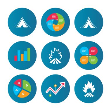 Turist kamp çadır işaretler. Yangın alev simgeler.