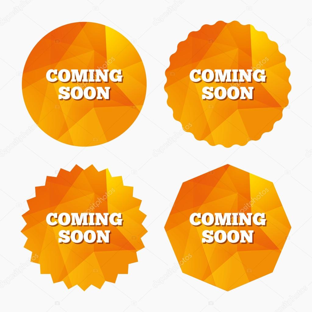 Coming soon sign icon. Promotion announcement symbol. Triangular low poly buttons with flat icon. Vector