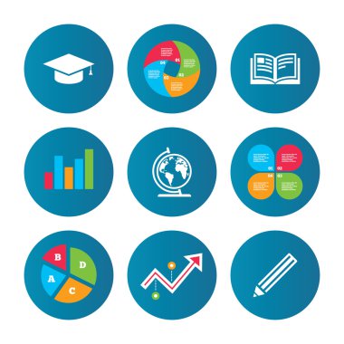 Kalem ve açık kitap işaretler. Mezuniyet kap simgesi.