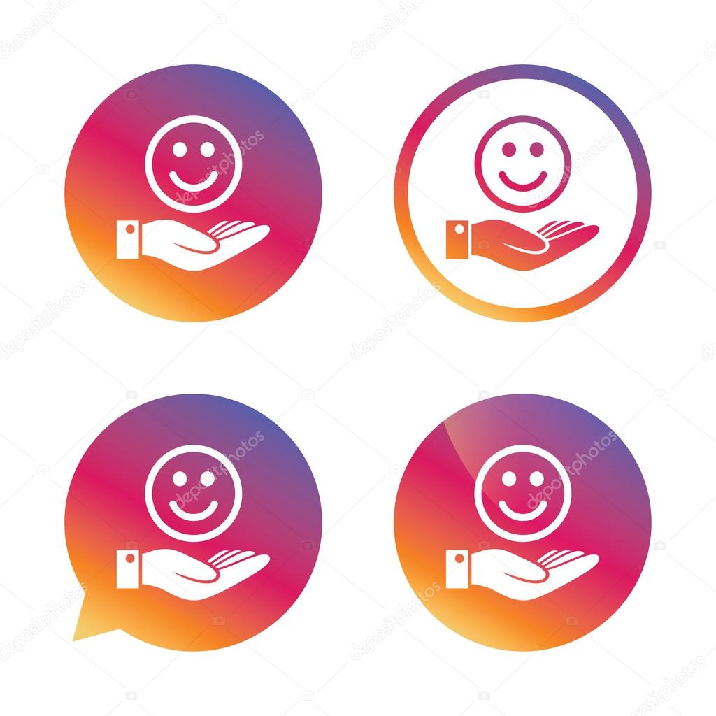 Smile and hand sign. Palm hold happy face symbol.