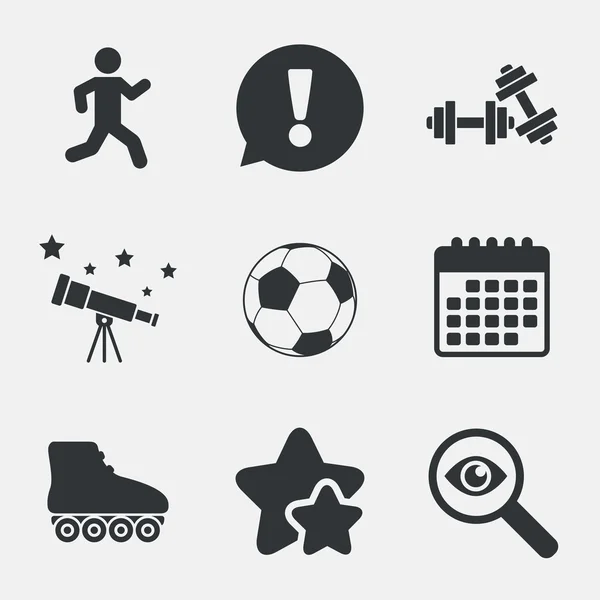 Ballon de football, patins à roulettes, icônes de course . — Image vectorielle