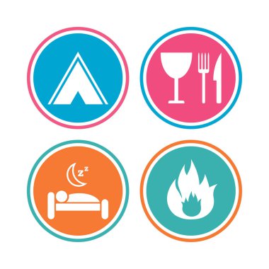 Yemek, uyku, kamp çadır ve yangın işaretleri.
