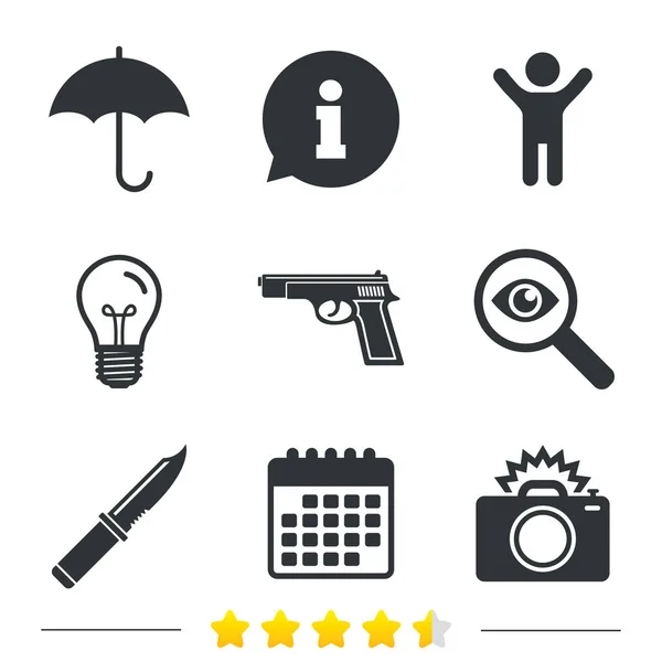Arma de pistola. Cuchillo, paraguas y cámara fotográfica . — Vector de stock