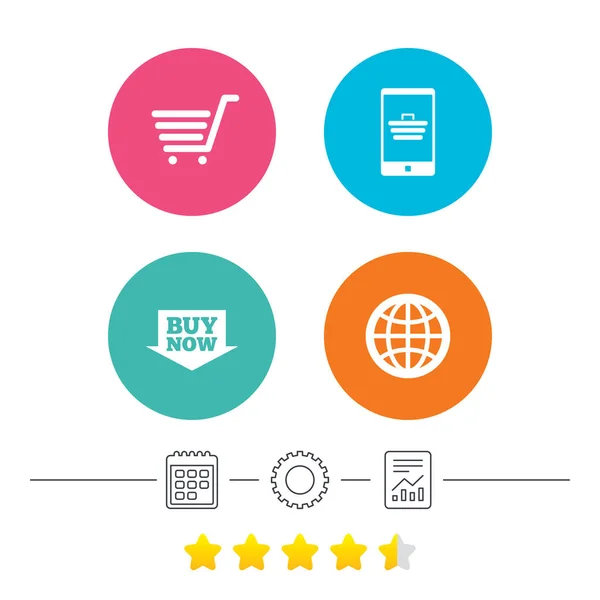 Online-Shopping-Symbole. Smartphone, Einkaufswagen, kaufen. — Stockvektor